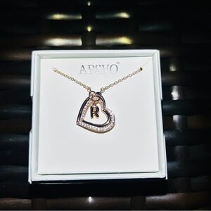 Double Heart 14K-Rose Gold-Plated “R” 
Initial-Necklaces-Women-CZ-Hypoallergenic